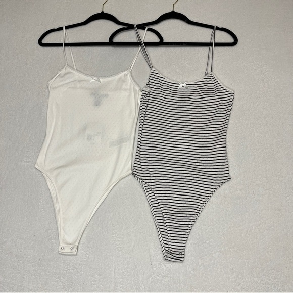 FOREVER 21 Pointelle Knit Bodysuit Bundle 1) White 2) White black Stripes Small - Picture 1 of 10